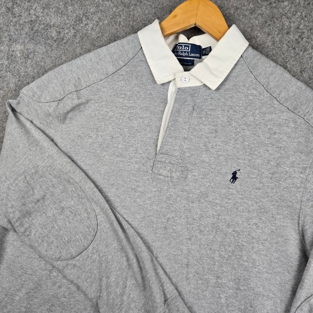 Vintage Polo Ralph Lauren Rugby Shirt Mens XL Gray Elbow Patch Long Sleeve